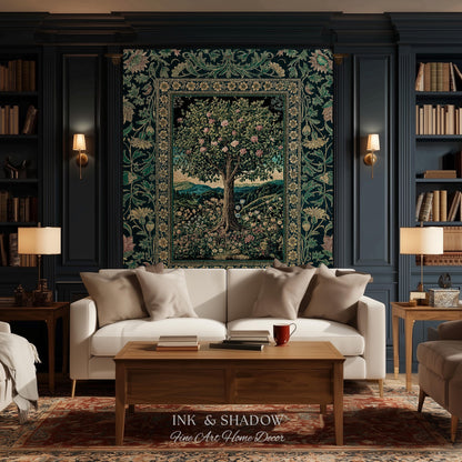 Countryside Sunset Tree of Life Blanket | Elegant Floral Landscape Wildflower Decor Nature Inspired Cottagecore Woven Tapestry Storybook |