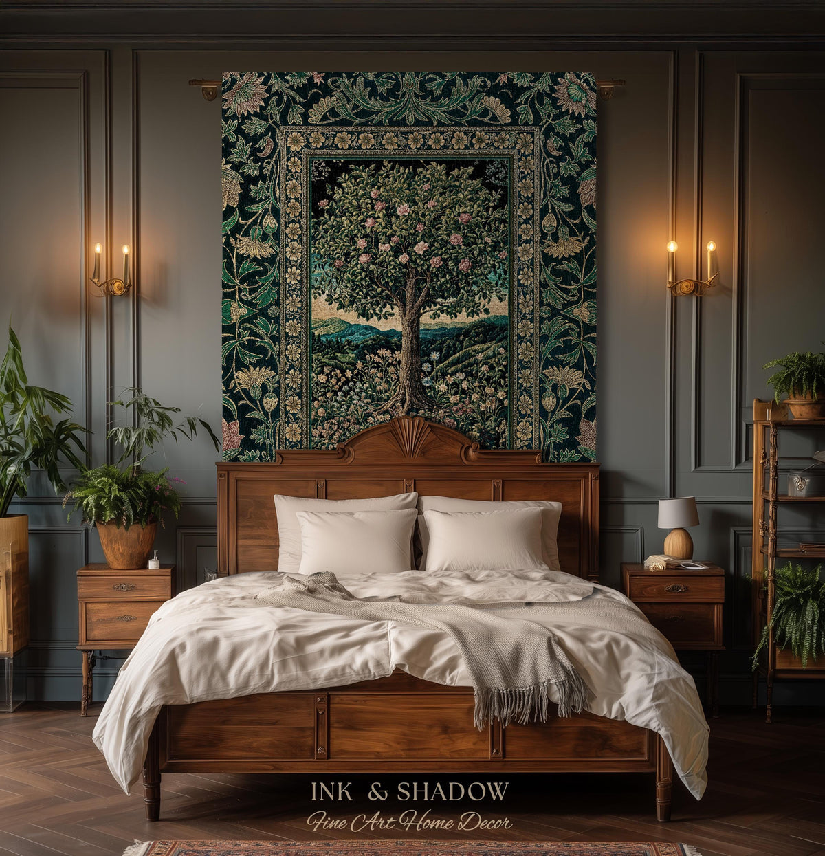 Countryside Sunset Tree of Life Blanket | Elegant Floral Landscape Wildflower Decor Nature Inspired Cottagecore Woven Tapestry Storybook |