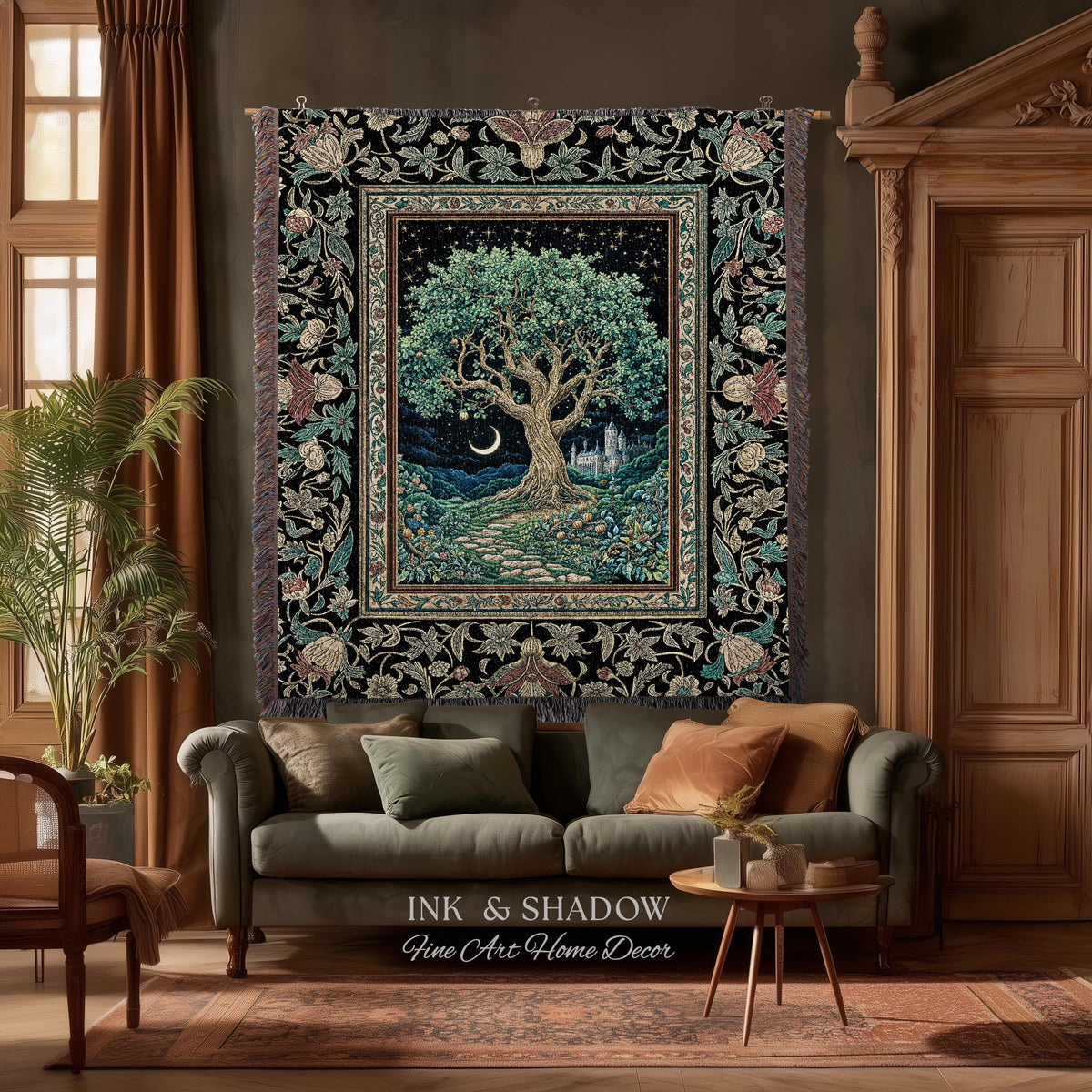 Fantasy Castle Tree of Life Throw Blanket | Celestial Moon Decor Star Garden Design Folklore Inspired Tapestry Enchanted Forest Medieval |