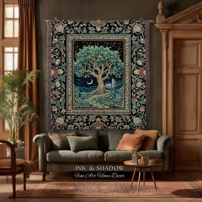 Fantasy Castle Tree of Life Throw Blanket | Celestial Moon Decor Star Garden Design Folklore Inspired Tapestry Enchanted Forest Medieval |
