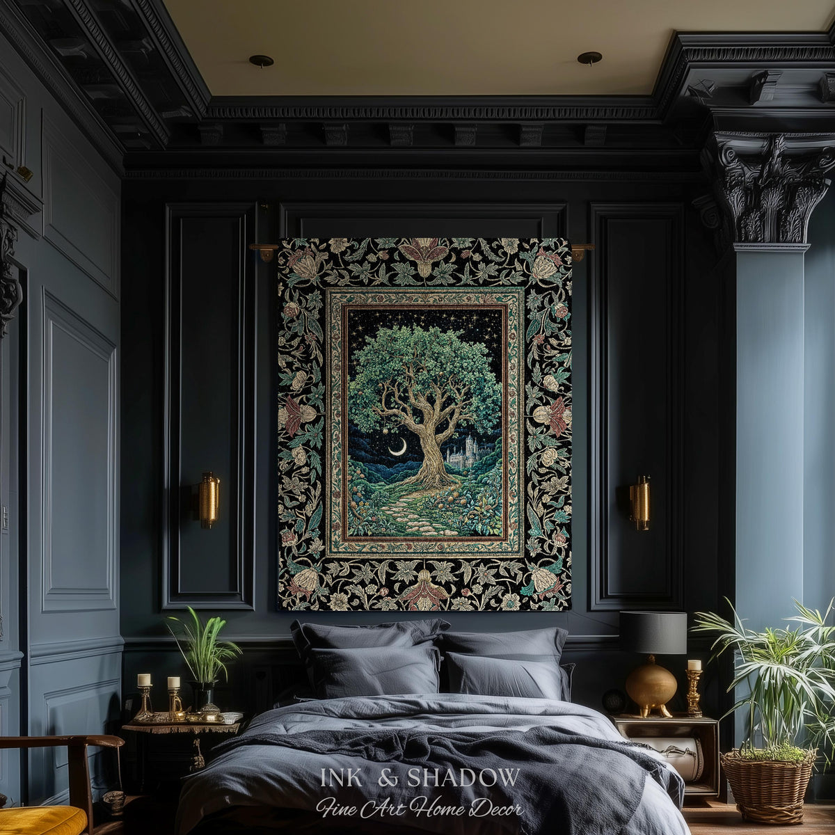 Fantasy Castle Tree of Life Throw Blanket | Celestial Moon Decor Star Garden Design Folklore Inspired Tapestry Enchanted Forest Medieval |