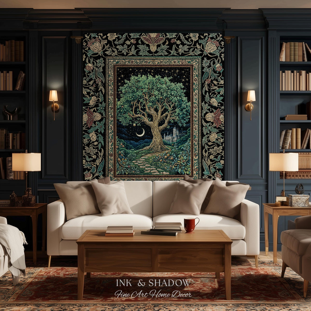 Fantasy Castle Tree of Life Throw Blanket | Celestial Moon Decor Star Garden Design Folklore Inspired Tapestry Enchanted Forest Medieval |