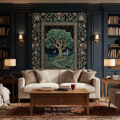 Fantasy Castle Tree of Life Throw Blanket | Celestial Moon Decor Star Garden Design Folklore Inspired Tapestry Enchanted Forest Medieval |