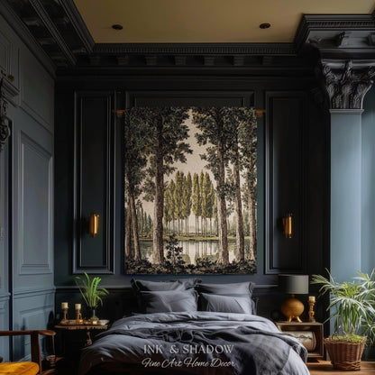 Quiet Luxury Traditional Manor Landscape Reflecting Pond Tapestry | Classic Estate Scenic Colonnade Grove of Trees Woven Textile Wall Art
