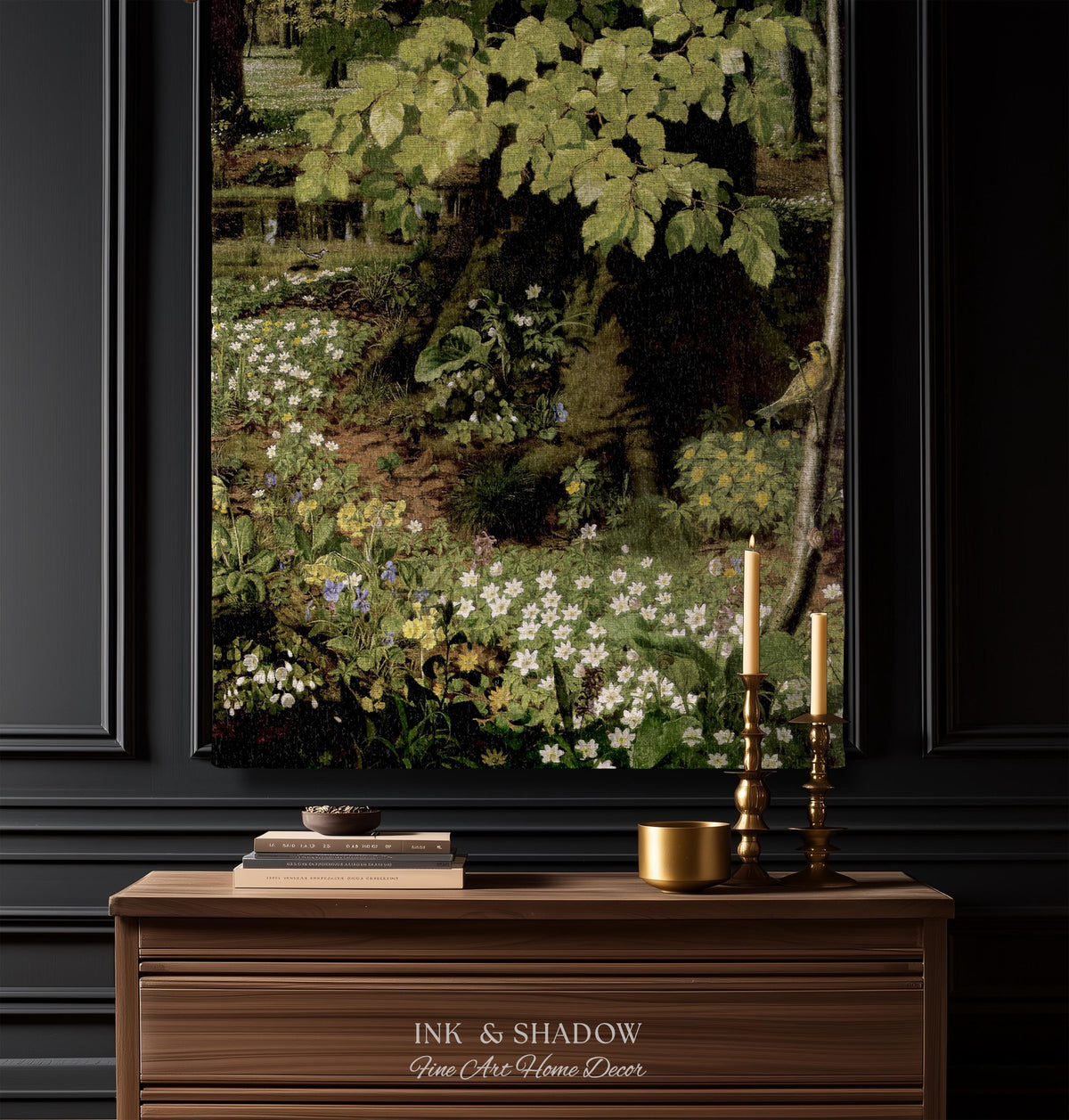 May include: A large framed tapestry depicting a forest scene with a path, wildflowers, and a bird. The tapestry hangs above a wooden dresser with a gold bowl, books, and candle holders. The text "INK & SHADOW Fine Art Home Decor" is at the bottom.