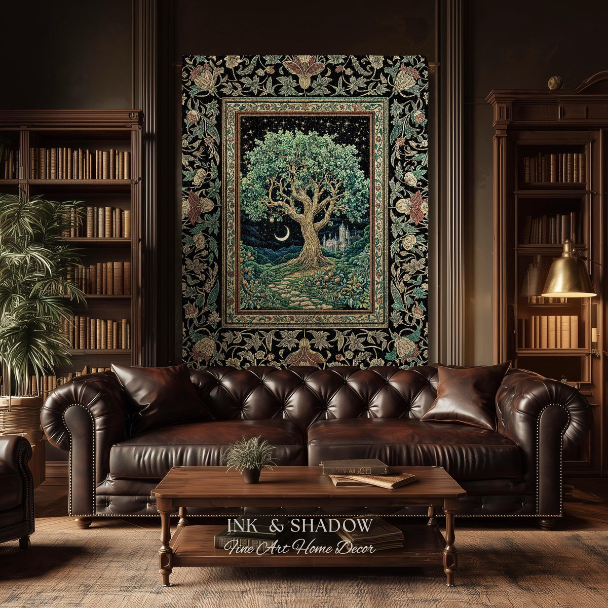 Fantasy Castle Tree of Life Throw Blanket | Celestial Moon Decor Star Garden Design Folklore Inspired Tapestry Enchanted Forest Medieval |