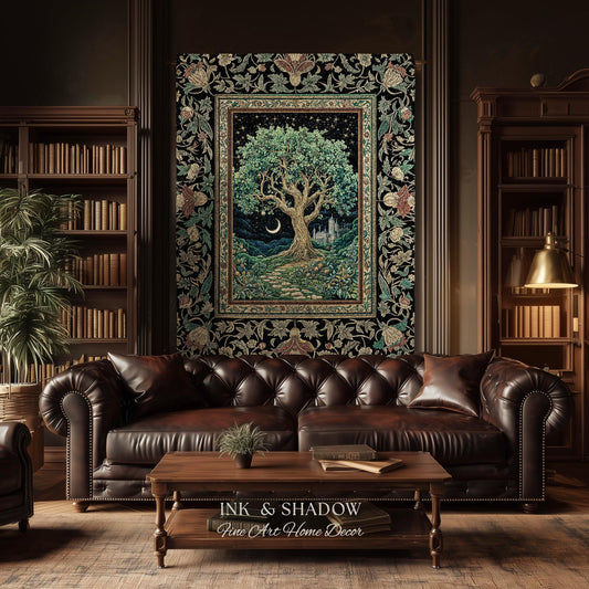 Fantasy Castle Tree of Life Throw Blanket | Celestial Moon Decor Star Garden Design Folklore Inspired Tapestry Enchanted Forest Medieval |