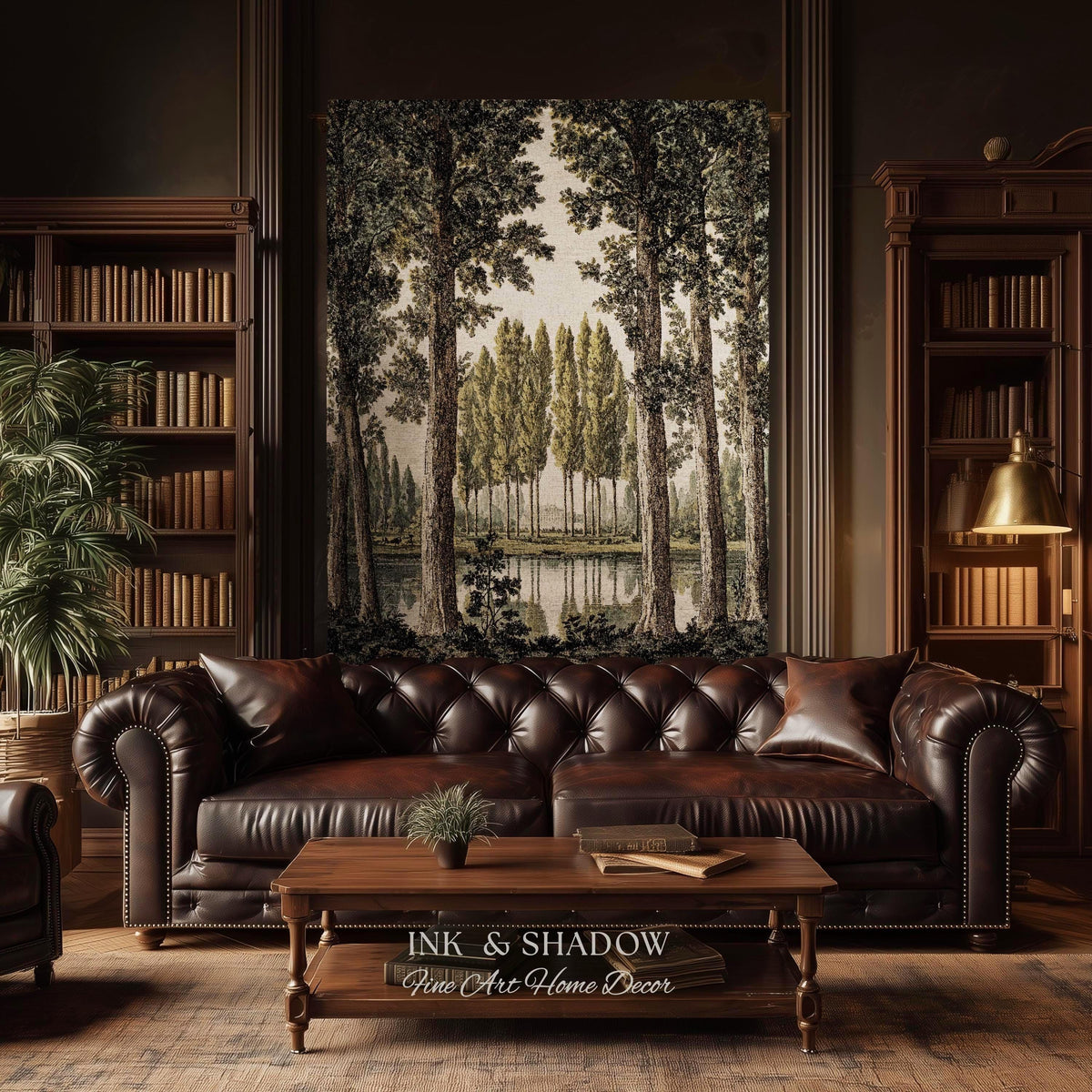 Quiet Luxury Traditional Manor Landscape Reflecting Pond Tapestry | Classic Estate Scenic Colonnade Grove of Trees Woven Textile Wall Art