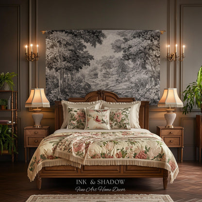 Soft Monochrome Scenic Landscape Tapestry Wall Hanging | Neutral Gray Woodland Stream Botanical Grove Woven Throw Classical Art Home Decor