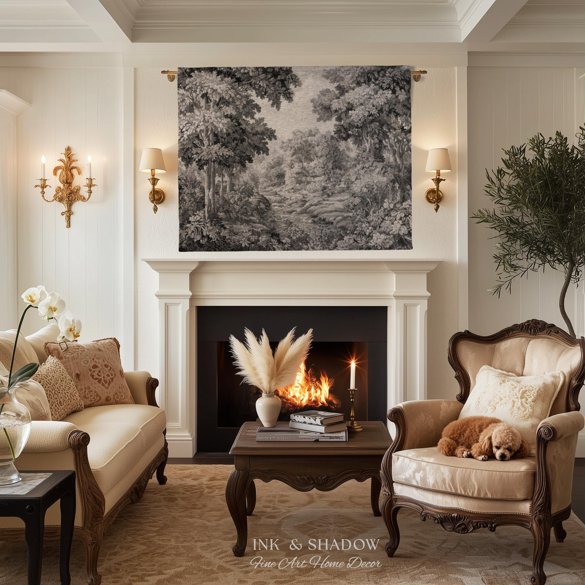 Soft Monochrome Scenic Landscape Tapestry Wall Hanging | Neutral Gray Woodland Stream Botanical Grove Woven Throw Classical Art Home Decor