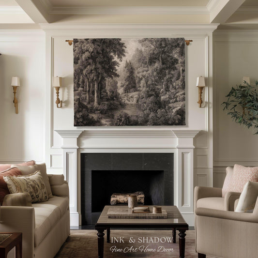 Enchanted Monochrome Forest Pool Tapestry Wall Art | Misty Woodland Cascade Botanical Landscape Woven Scenic Textile Traditional Decor