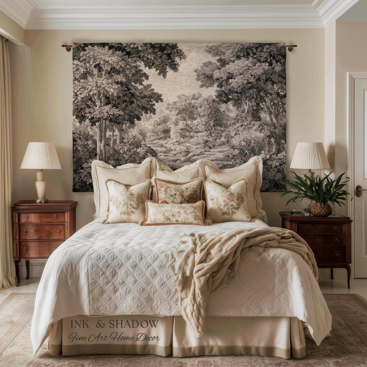 Soft Monochrome Scenic Landscape Tapestry Wall Hanging | Neutral Gray Woodland Stream Botanical Grove Woven Throw Classical Art Home Decor