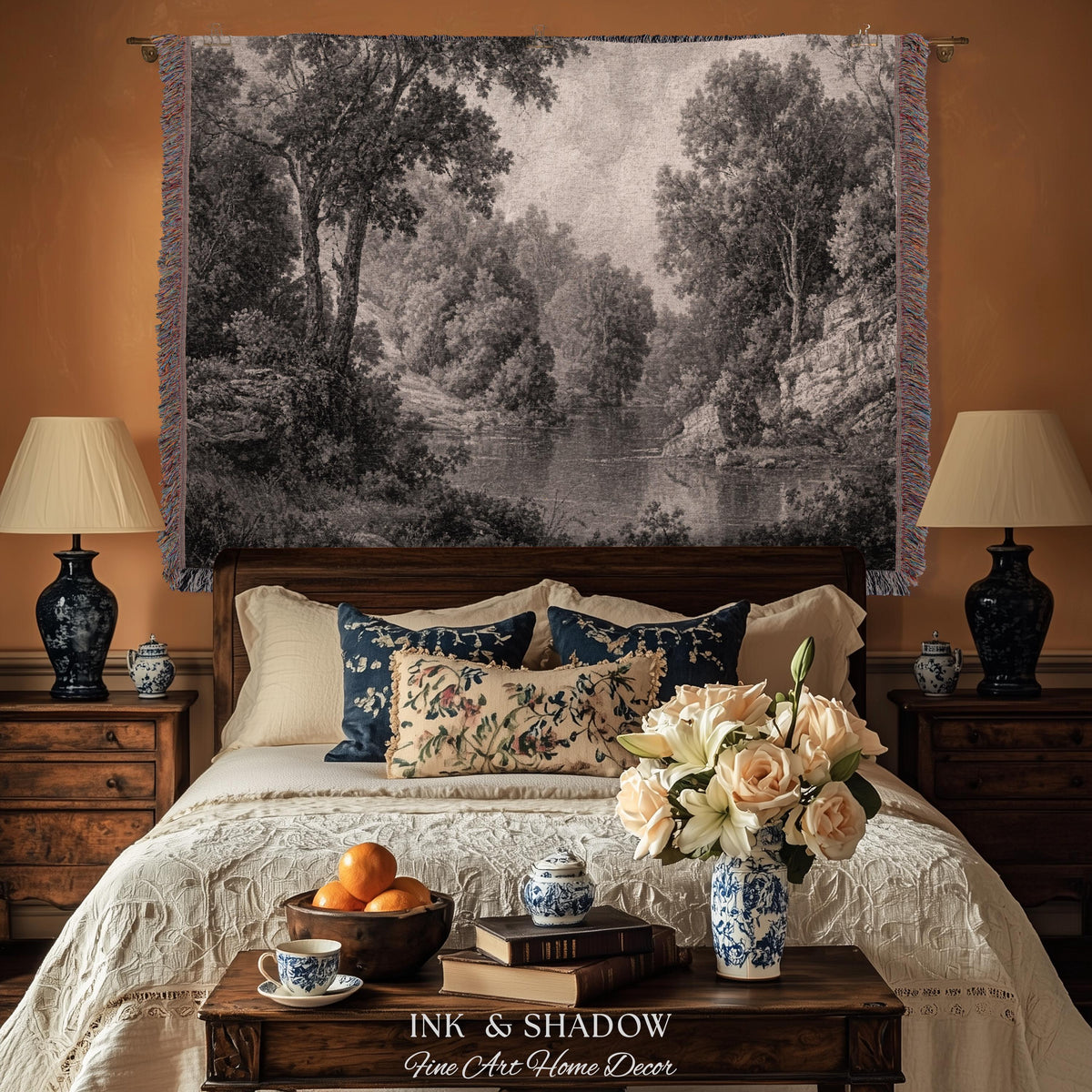 Monochromatic Mountain Lake Landscape Tapestry Wall Art | Neutral Tonal Old World Woodland Valley Waterway Woven Textile Traditional Decor
