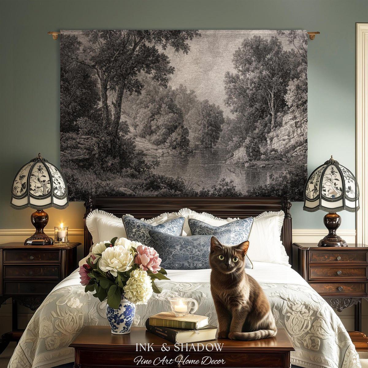 Monochromatic Mountain Lake Landscape Tapestry Wall Art | Neutral Tonal Old World Woodland Valley Waterway Woven Textile Traditional Decor