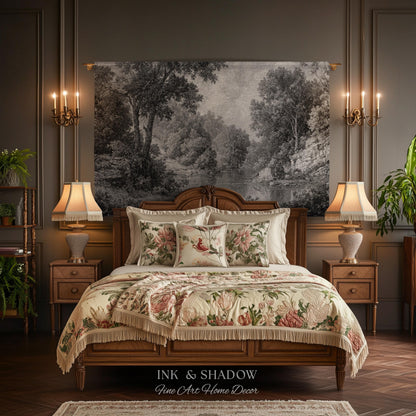 Monochromatic Mountain Lake Landscape Tapestry Wall Art | Neutral Tonal Old World Woodland Valley Waterway Woven Textile Traditional Decor