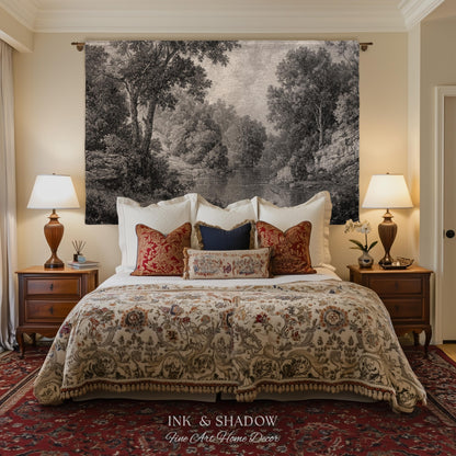 Monochromatic Mountain Lake Landscape Tapestry Wall Art | Neutral Tonal Old World Woodland Valley Waterway Woven Textile Traditional Decor