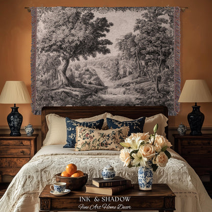Tranquil Tonal Countryside Landscape Tapestry Wall Art | Monochrome Whimsical Woodland Scenic Woven Home Textile Rustic Charm Nature Decor
