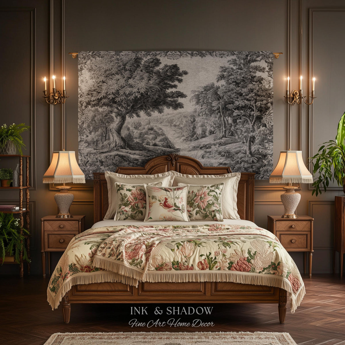 Tranquil Tonal Countryside Landscape Tapestry Wall Art | Monochrome Whimsical Woodland Scenic Woven Home Textile Rustic Charm Nature Decor