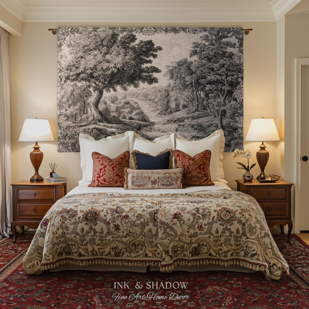 Tranquil Tonal Countryside Landscape Tapestry Wall Art | Monochrome Whimsical Woodland Scenic Woven Home Textile Rustic Charm Nature Decor