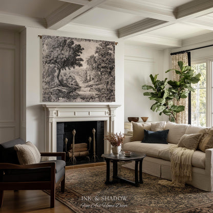 Tranquil Tonal Countryside Landscape Tapestry Wall Art | Monochrome Whimsical Woodland Scenic Woven Home Textile Rustic Charm Nature Decor