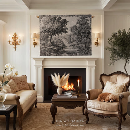 Tranquil Tonal Countryside Landscape Tapestry Wall Art | Monochrome Whimsical Woodland Scenic Woven Home Textile Rustic Charm Nature Decor