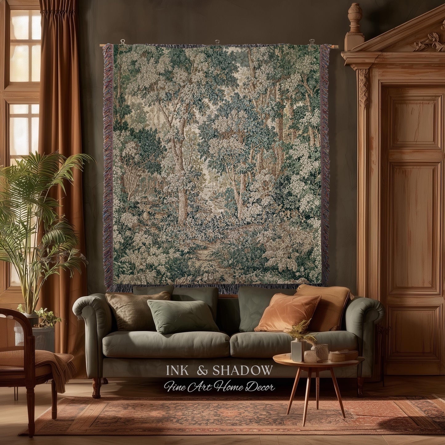 Pastoral Woodland Scene Forest Vertical Wall Hanging Jacquard Tapestry, European Verdure French Country Style Romantic Landscape Woven Throw