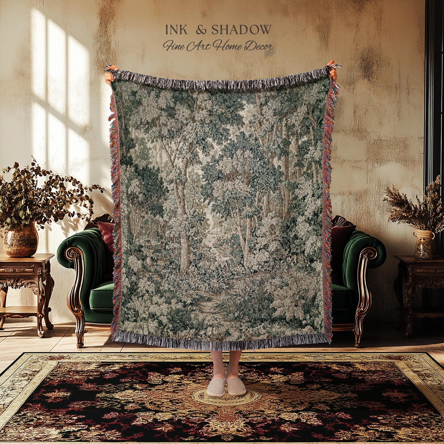 Pastoral Woodland Scene Forest Vertical Wall Hanging Jacquard Tapestry, European Verdure French Country Style Romantic Landscape Woven Throw