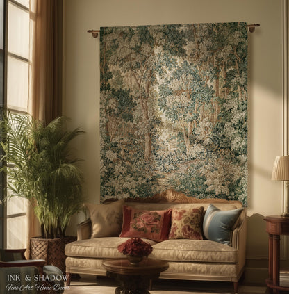 Pastoral Woodland Scene Forest Vertical Wall Hanging Jacquard Tapestry, European Verdure French Country Style Romantic Landscape Woven Throw