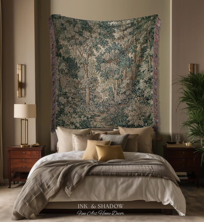 Pastoral Woodland Scene Forest Vertical Wall Hanging Jacquard Tapestry, European Verdure French Country Style Romantic Landscape Woven Throw