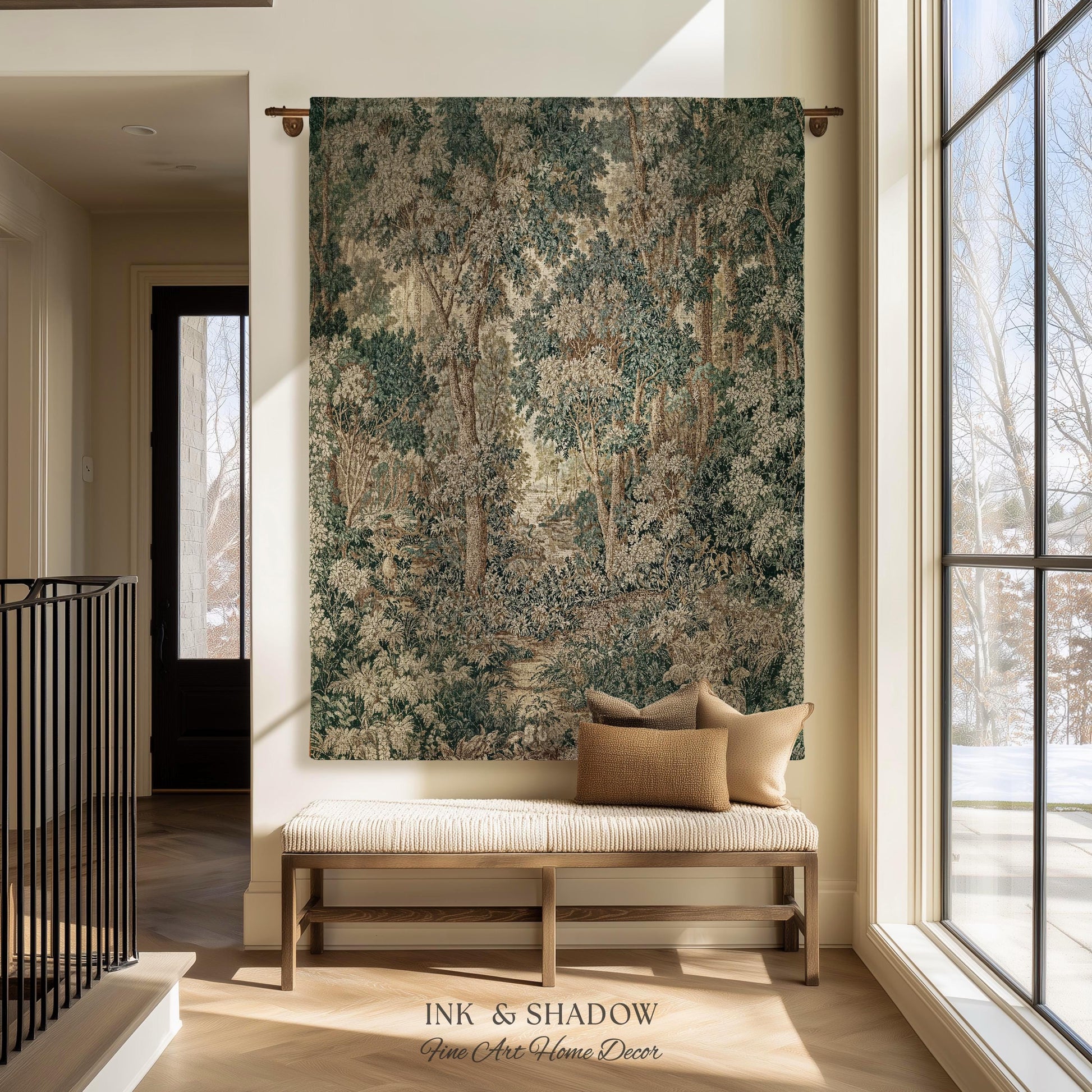 Pastoral Woodland Scene Forest Vertical Wall Hanging Jacquard Tapestry, European Verdure French Country Style Romantic Landscape Woven Throw