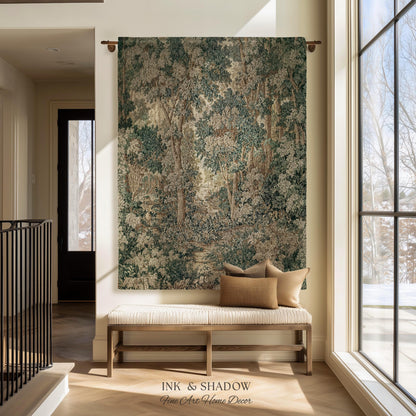 Pastoral Woodland Scene Forest Vertical Wall Hanging Jacquard Tapestry, European Verdure French Country Style Romantic Landscape Woven Throw