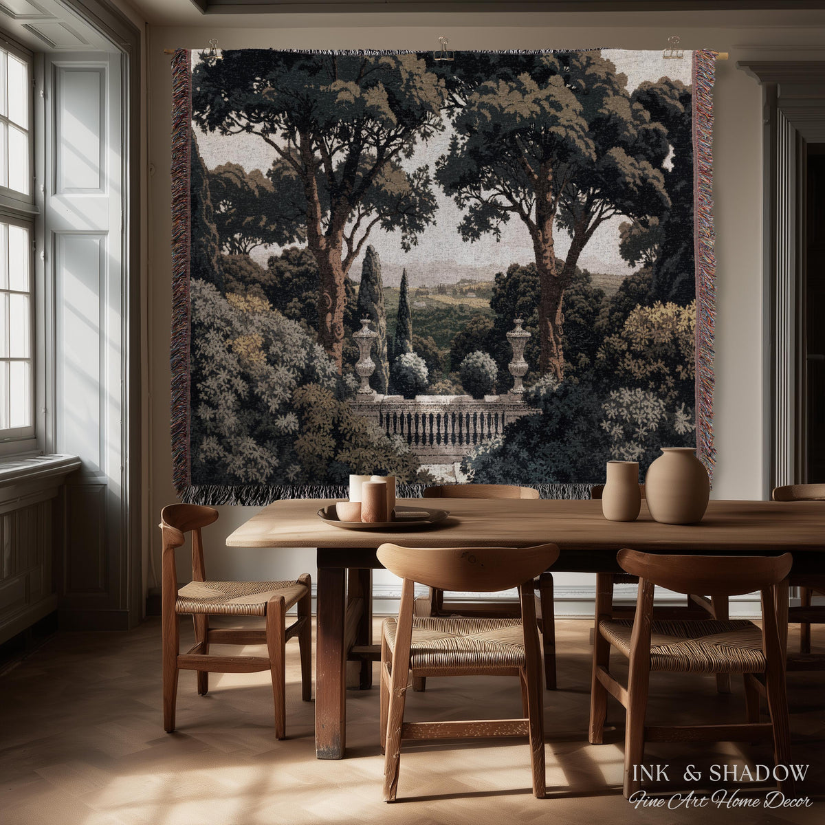 Tuscan Terrace Formal Wall Tapestry | Traditional Scenic Textile European Wall Art Neoclassical Verdure Woven Throw Blanket Classic Jacquard