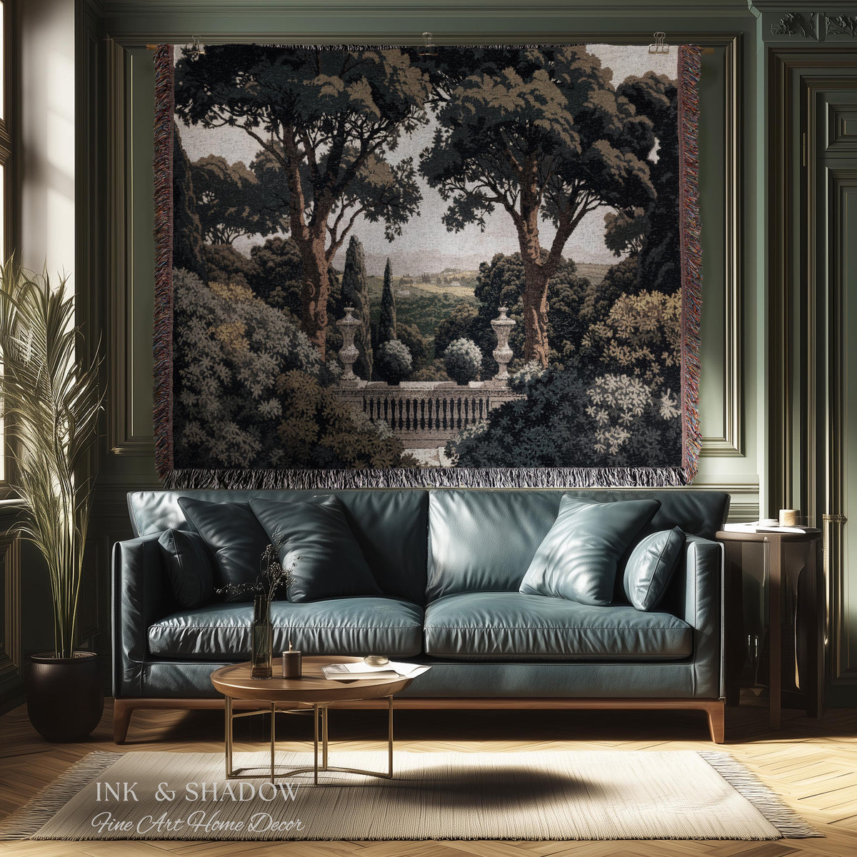 Tuscan Terrace Formal Wall Tapestry | Traditional Scenic Textile European Wall Art Neoclassical Verdure Woven Throw Blanket Classic Jacquard