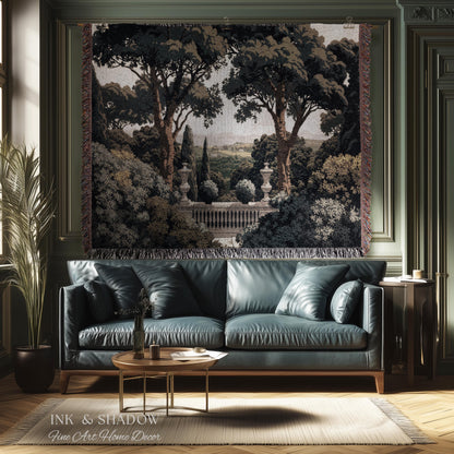 Tuscan Terrace Formal Wall Tapestry | Traditional Scenic Textile European Wall Art Neoclassical Verdure Woven Throw Blanket Classic Jacquard