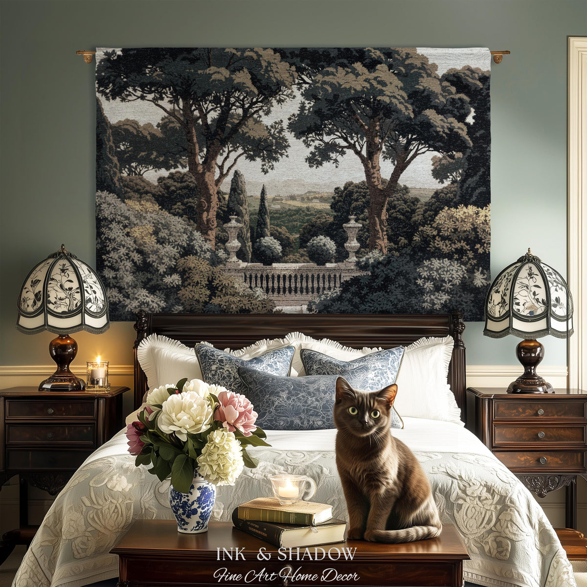 Tuscan Terrace Formal Wall Tapestry | Traditional Scenic Textile European Wall Art Neoclassical Verdure Woven Throw Blanket Classic Jacquard