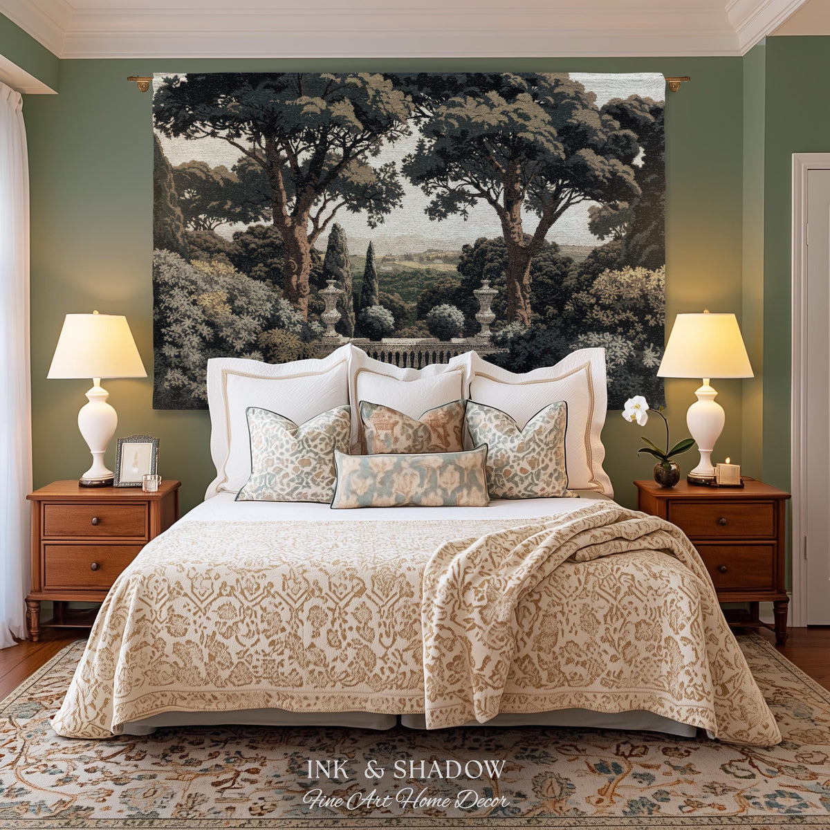 Tuscan Terrace Formal Wall Tapestry | Traditional Scenic Textile European Wall Art Neoclassical Verdure Woven Throw Blanket Classic Jacquard