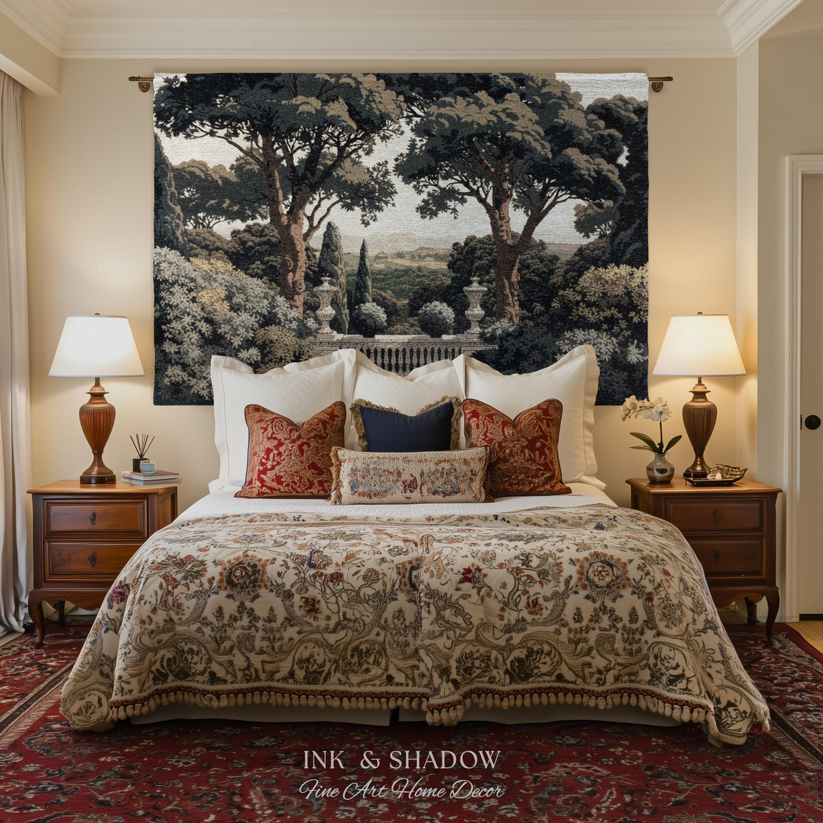 Tuscan Terrace Formal Wall Tapestry | Traditional Scenic Textile European Wall Art Neoclassical Verdure Woven Throw Blanket Classic Jacquard