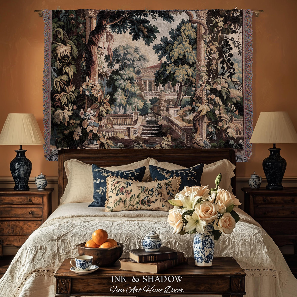 Neoclassical Estate Old World Tapestry | European Garden Formal Wall Art Lush Manor Woven Throw Blanket Italian Landscape Verdure Scenery