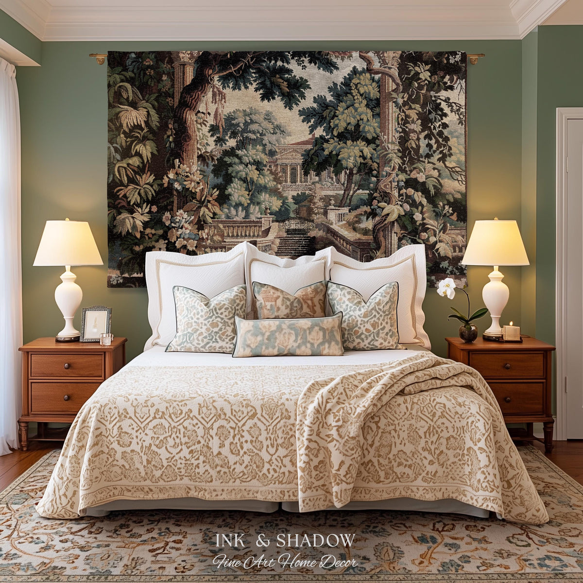 Neoclassical Estate Old World Tapestry | European Garden Formal Wall Art Lush Manor Woven Throw Blanket Italian Landscape Verdure Scenery