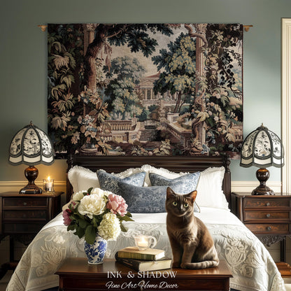 Neoclassical Estate Old World Tapestry | European Garden Formal Wall Art Lush Manor Woven Throw Blanket Italian Landscape Verdure Scenery