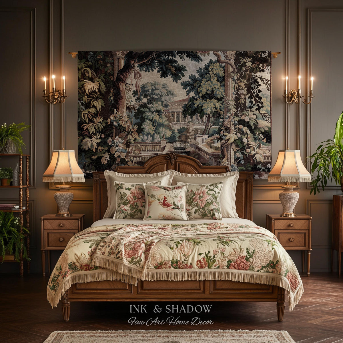 Neoclassical Estate Old World Tapestry | European Garden Formal Wall Art Lush Manor Woven Throw Blanket Italian Landscape Verdure Scenery