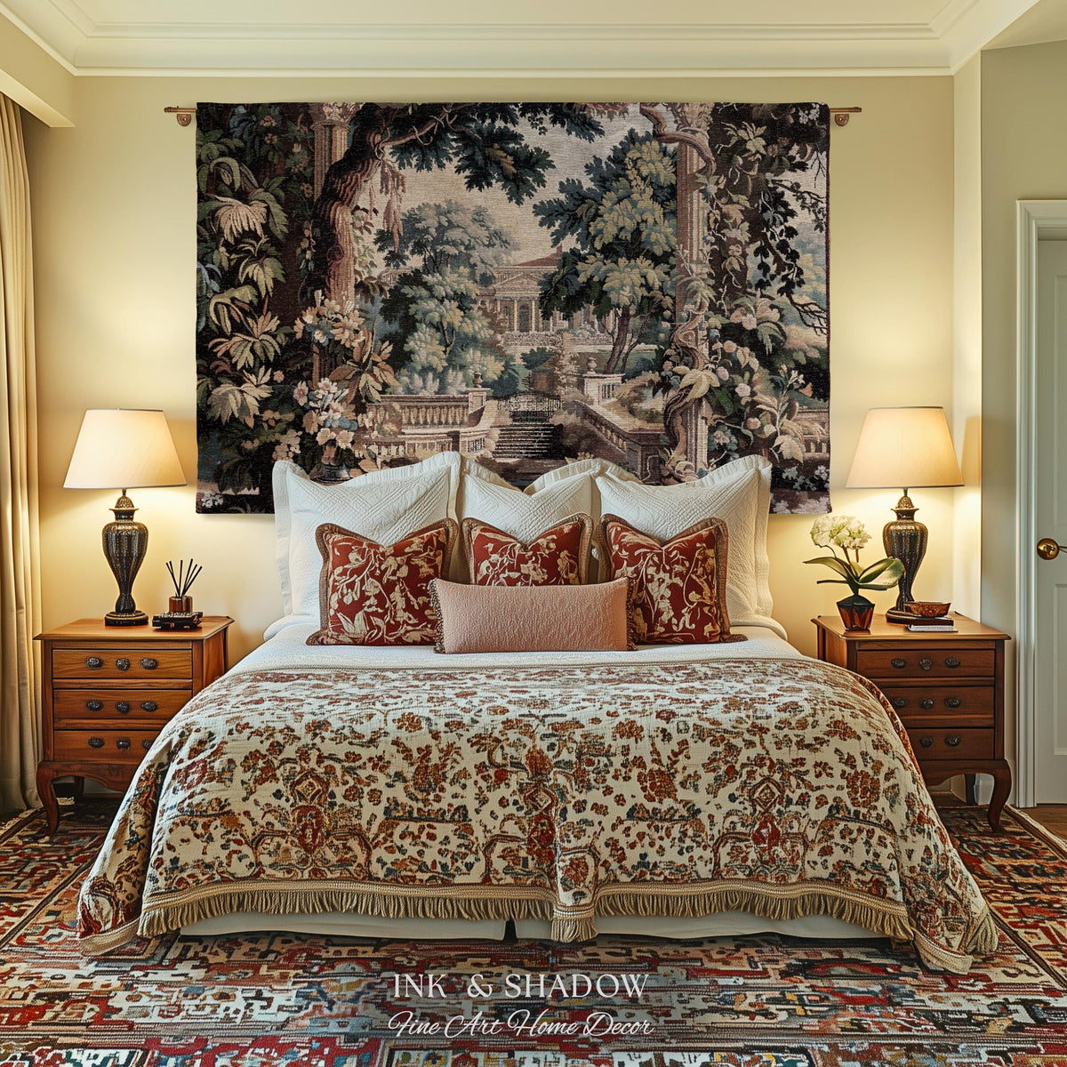 Neoclassical Estate Old World Tapestry | European Garden Formal Wall Art Lush Manor Woven Throw Blanket Italian Landscape Verdure Scenery