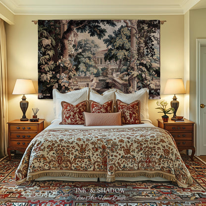 Neoclassical Estate Old World Tapestry | European Garden Formal Wall Art Lush Manor Woven Throw Blanket Italian Landscape Verdure Scenery