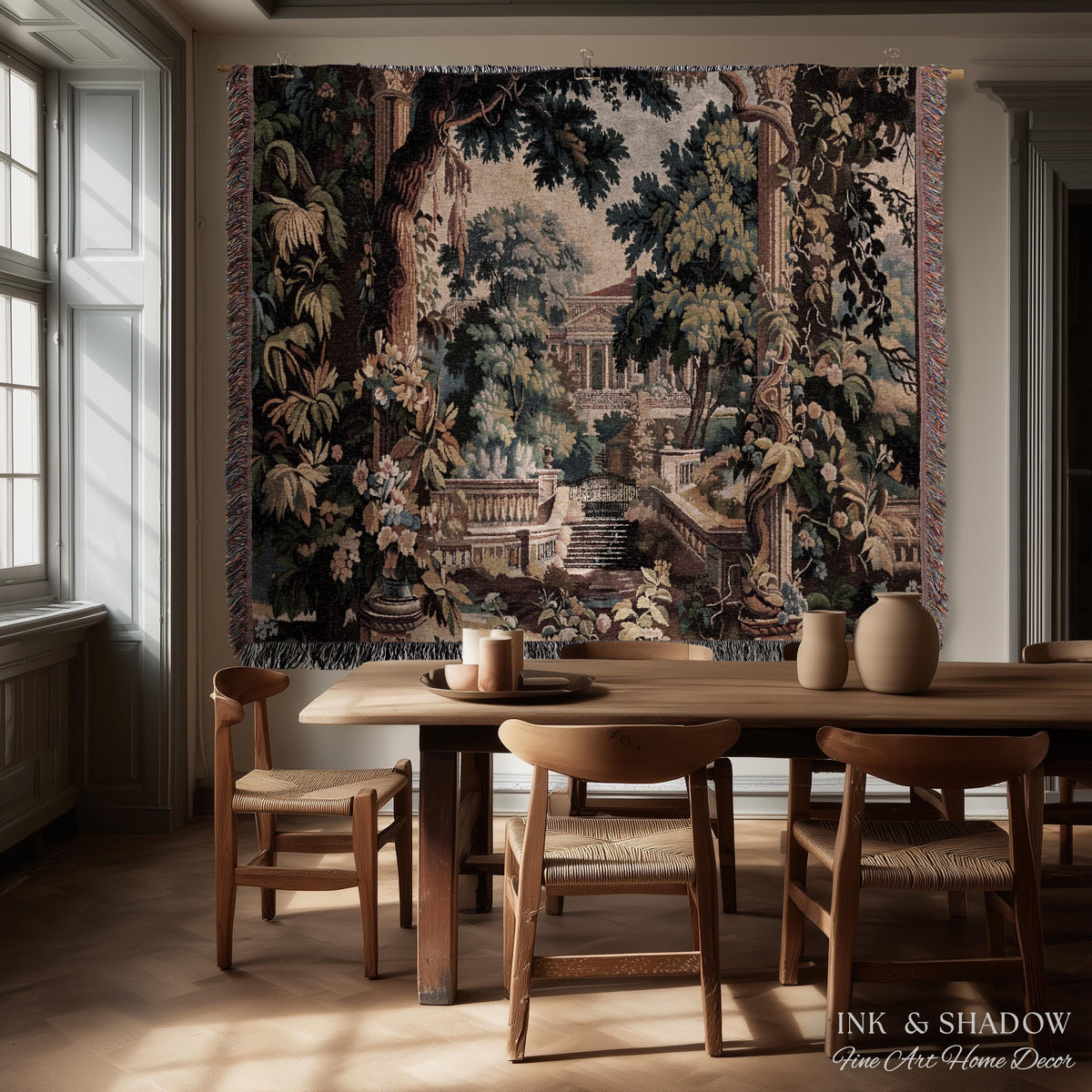 Neoclassical Estate Old World Tapestry | European Garden Formal Wall Art Lush Manor Woven Throw Blanket Italian Landscape Verdure Scenery