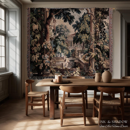 Neoclassical Estate Old World Tapestry | European Garden Formal Wall Art Lush Manor Woven Throw Blanket Italian Landscape Verdure Scenery