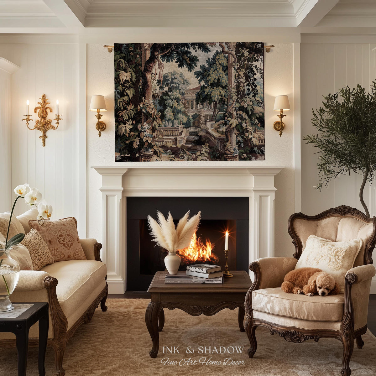 Neoclassical Estate Old World Tapestry | European Garden Formal Wall Art Lush Manor Woven Throw Blanket Italian Landscape Verdure Scenery