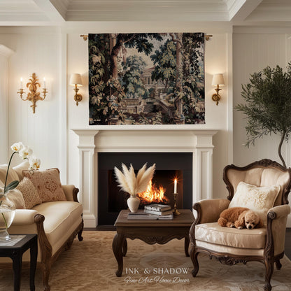 Neoclassical Estate Old World Tapestry | European Garden Formal Wall Art Lush Manor Woven Throw Blanket Italian Landscape Verdure Scenery
