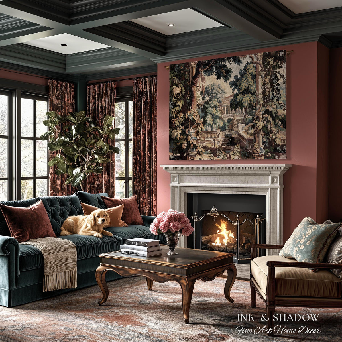 Neoclassical Estate Old World Tapestry | European Garden Formal Wall Art Lush Manor Woven Throw Blanket Italian Landscape Verdure Scenery