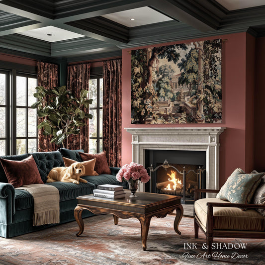 Neoclassical Estate Old World Tapestry | European Garden Formal Wall Art Lush Manor Woven Throw Blanket Italian Landscape Verdure Scenery
