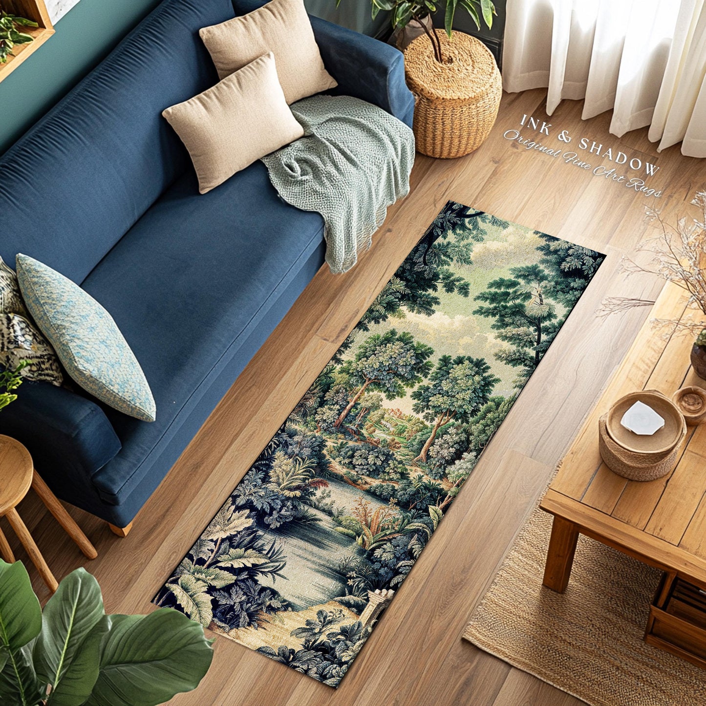 Verdure Landscape Woodland Manor River Valley Rug | Vintage Pastoral Antique Style European Countryside Classic Cottage Floor Art Accent Mat